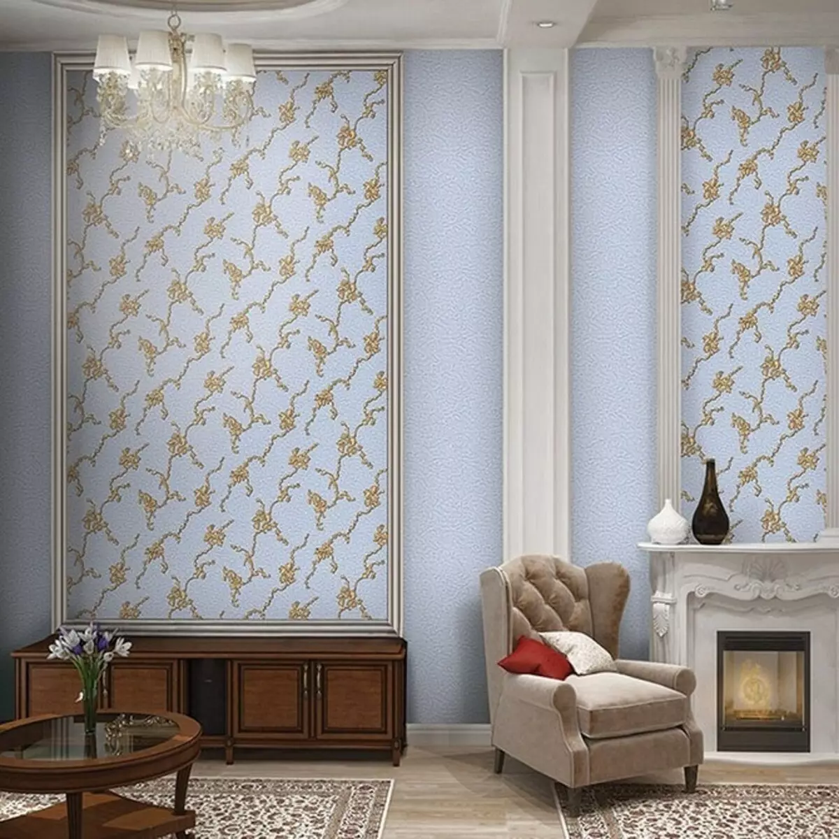 Gagasan ngagabungkeun wallpaper di ruang tamu: tips mangpaat sareng 40+ poto interior 10061_22