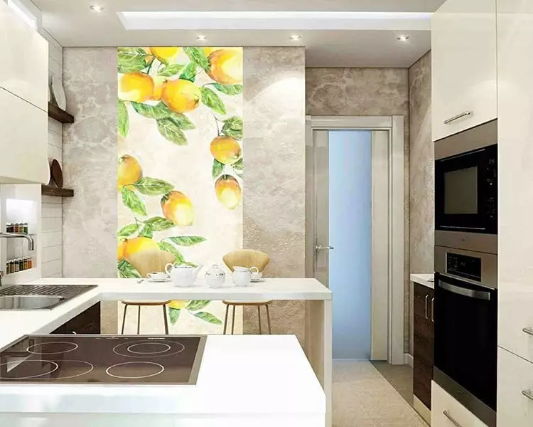 Wallpaper foar lytse keuken, fisueel tanimmende romte: 50+ bêste ideeën 10129_26