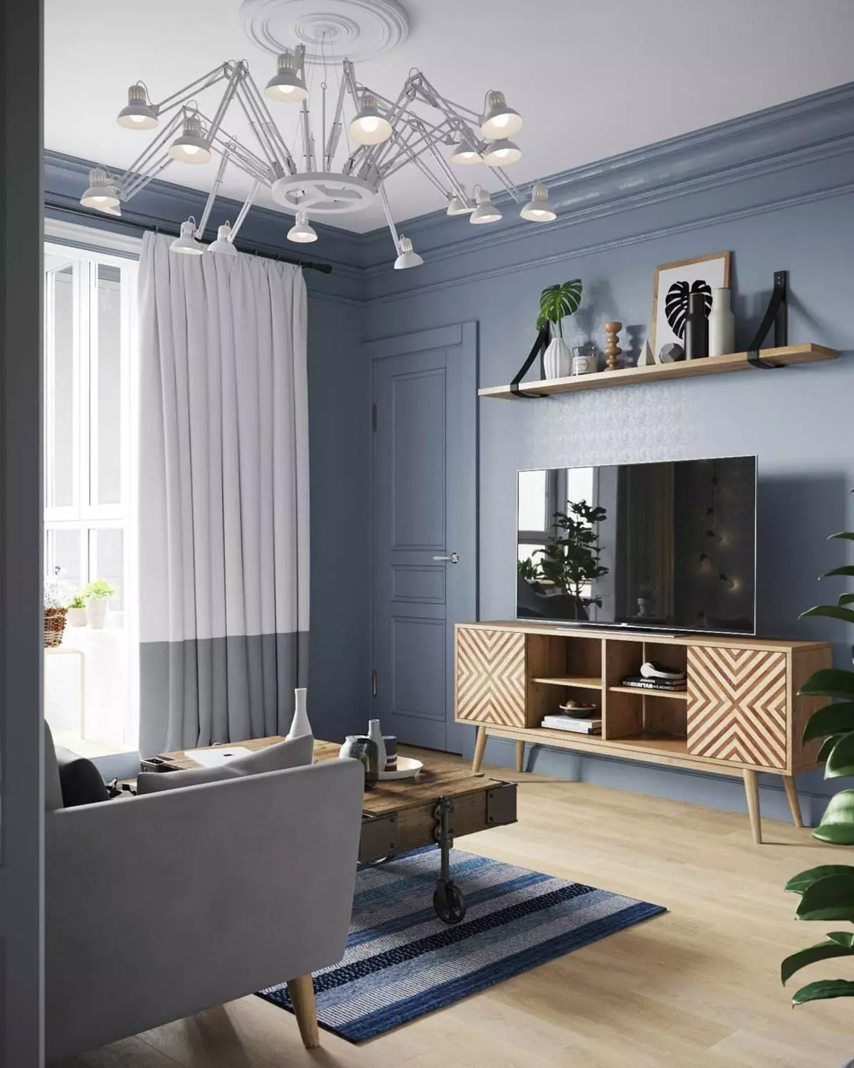 Living room with blue walls photo