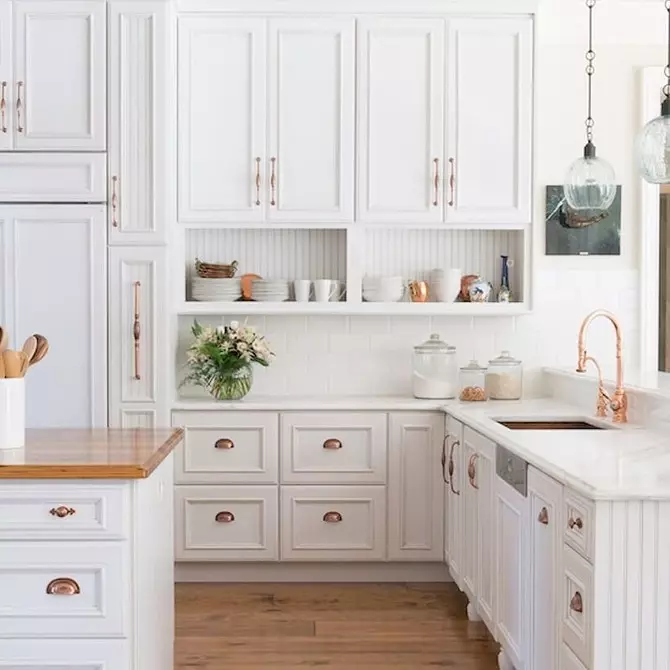 Dapur putih dalam gaya moden: 11 Contoh reka bentuk yang anda akan memikat 10649_100
