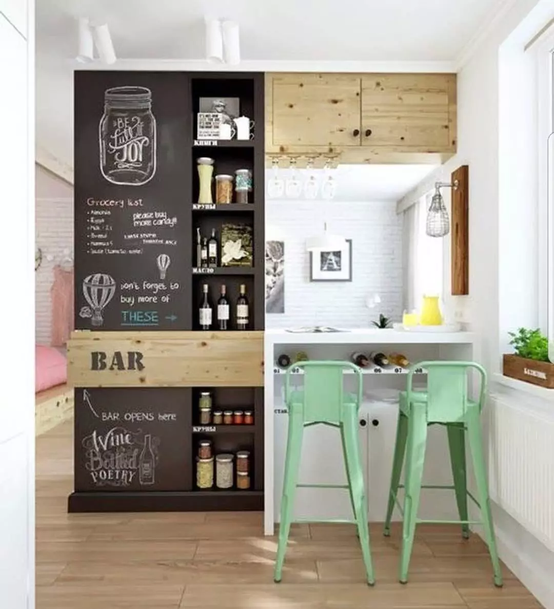 Home mini bar ve výklenku v kuchyni: fotografie