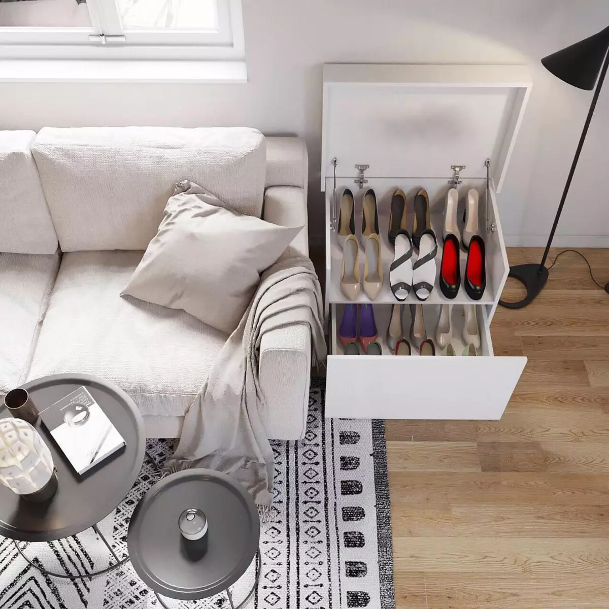 Solução de armazenamento elegante e original no apartamento de sapatos femininos: Foto