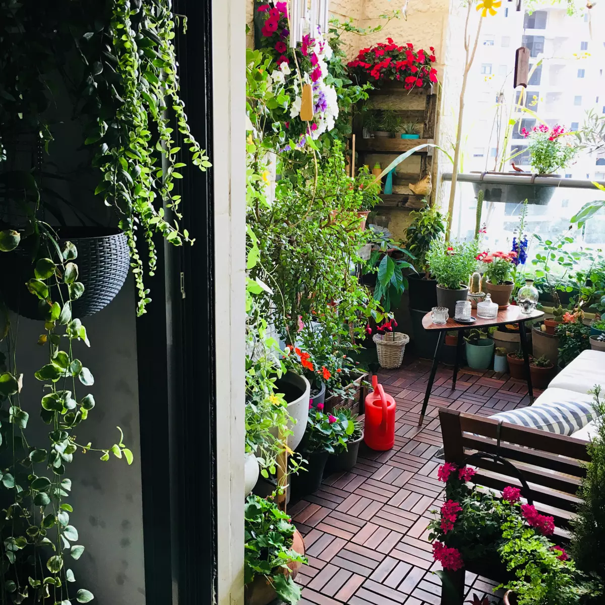 Kleine stijlvolle tuin op het balkon van de stad: foto