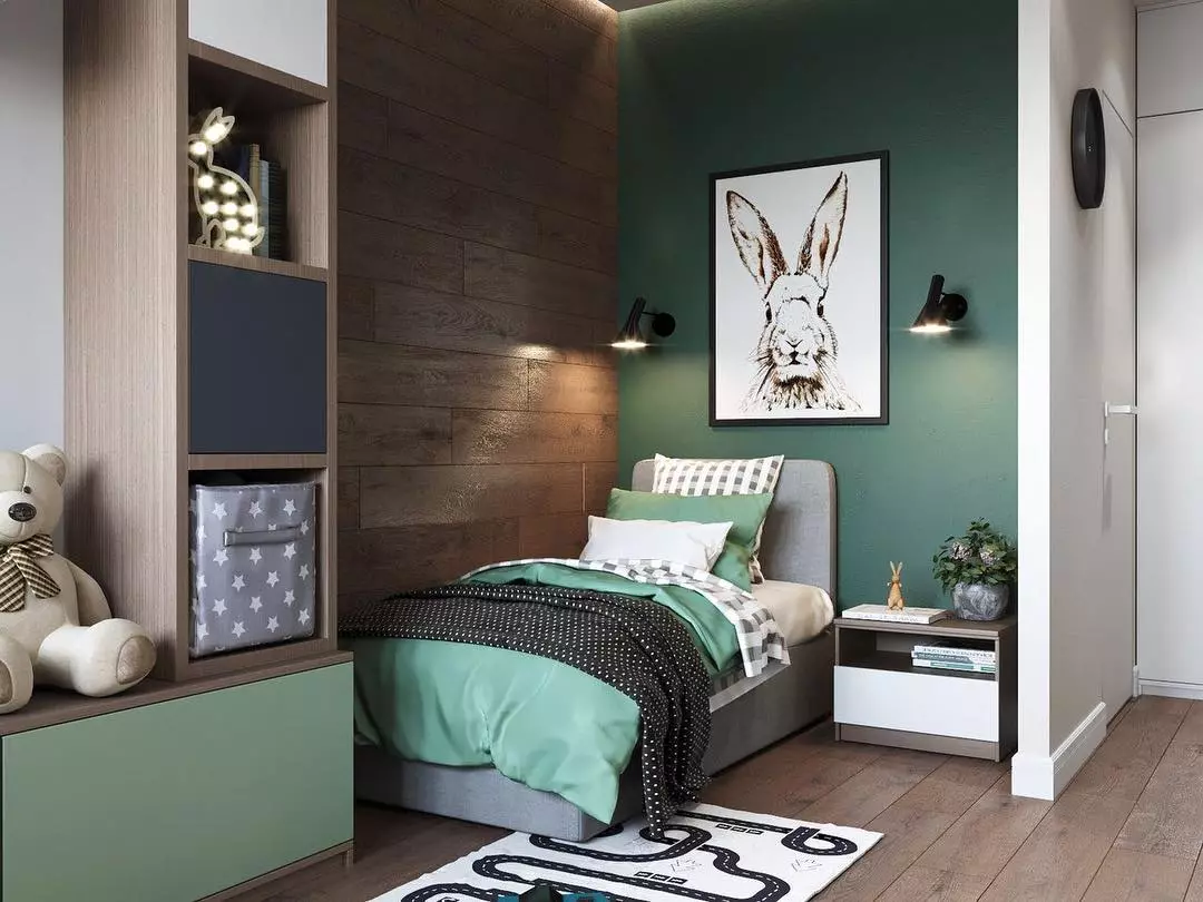 Lantai kayu di bilik tidur hijau