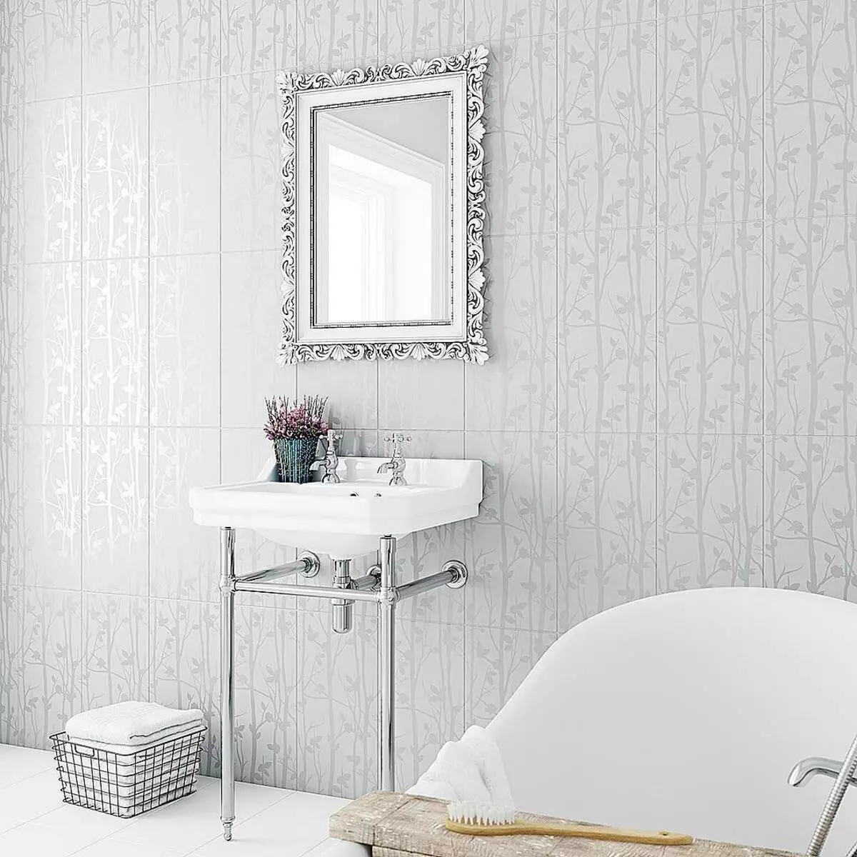 دکور حمام طراحی کاشی دیوار زیبا با عکس الگوی گیاهی
