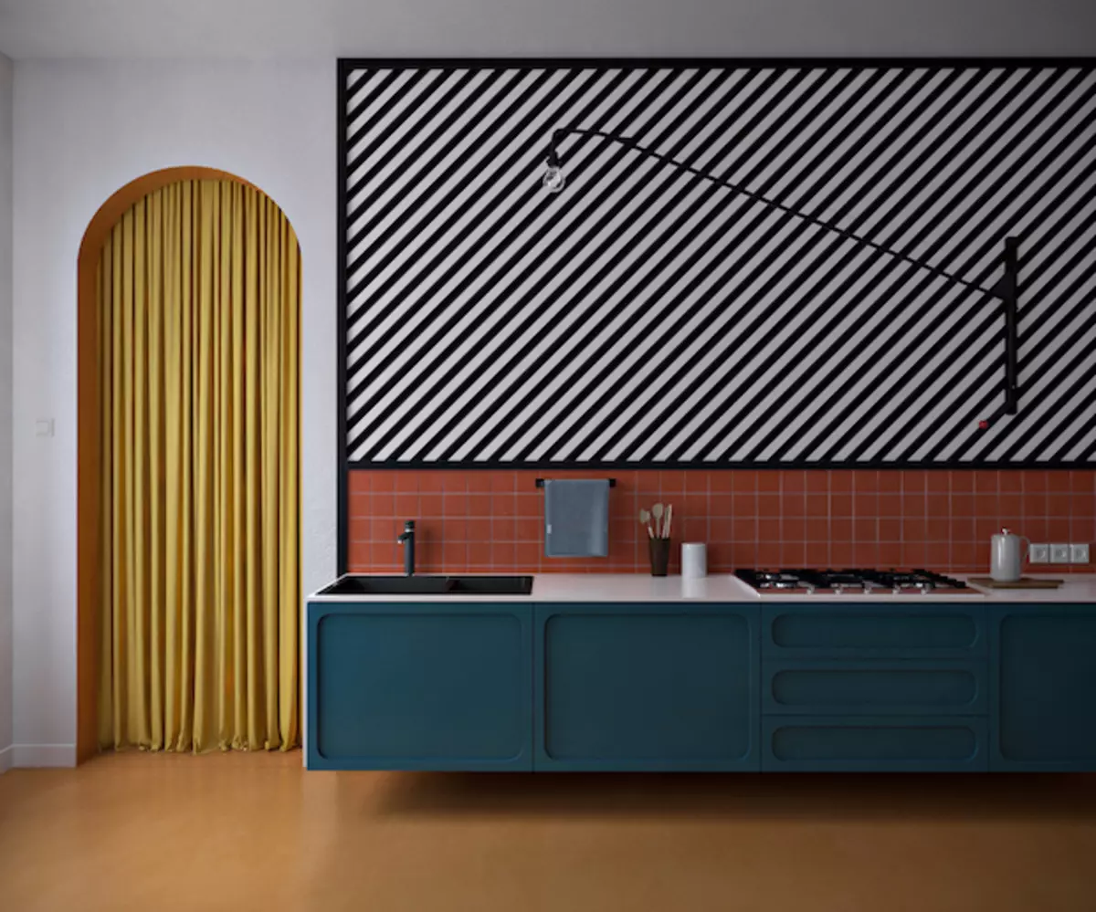 Fargeblokk i det indre av kjøkken-hallway-bildet