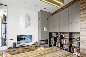 Estylish Interior sa usa ka studio apartment: minimalism nga adunay mahayag nga mga detalye 11166_1