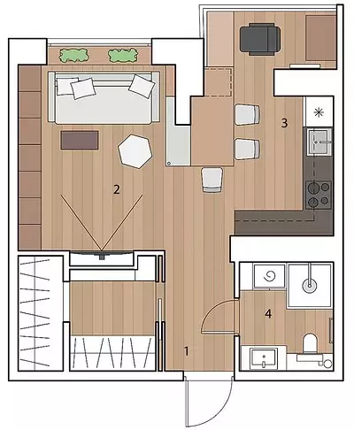 Desain minimalis dari apartemen kecil: asketisme brutal untuk pemilik muda 11193_9