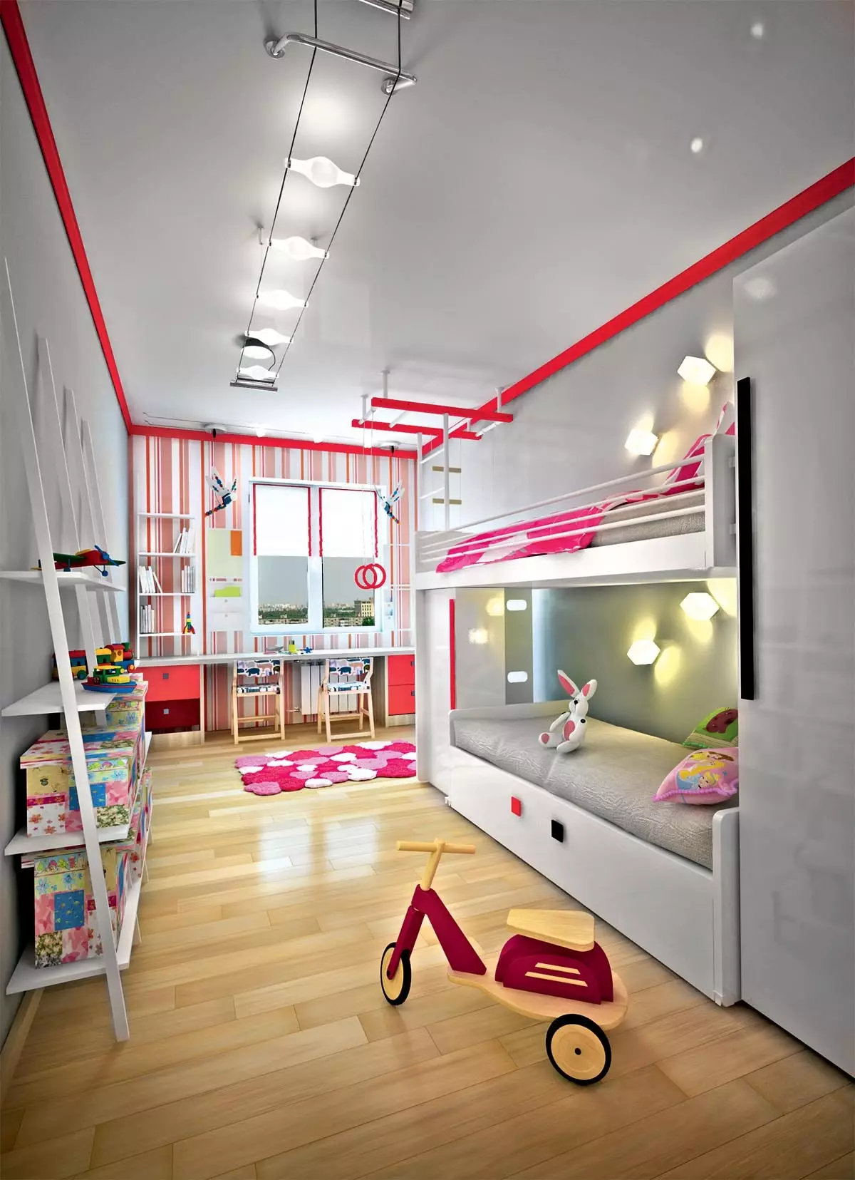 Combinação de cores no interior: paredes neutras e móveis brilhantes