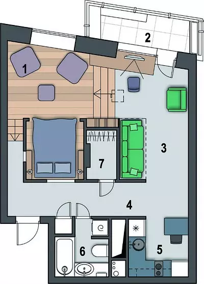 Podium i stedet for vegger: Original layout av en liten leilighet 11741_15