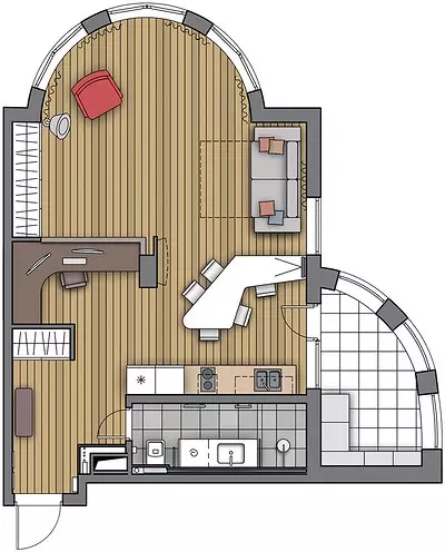 Apartment kanggo Sarjana: estetika lofktovka lan aksen sing cerah 11874_19
