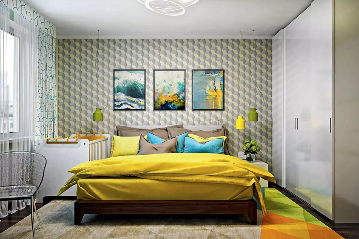 Biele, čierne a žlté farby v interiéri apartmánov