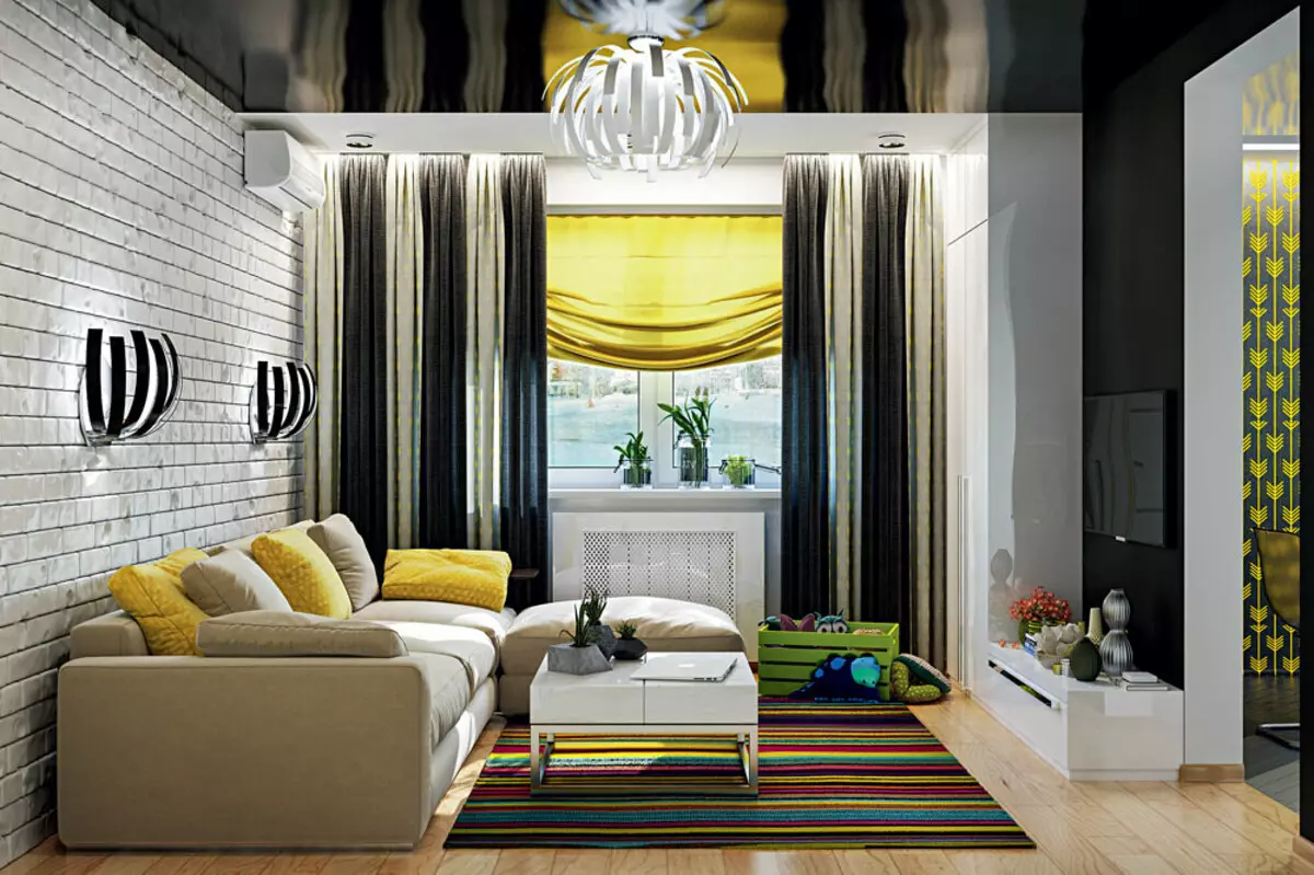 Baltas, melnas un dzeltenas krāsas dzīvokļa interjerā