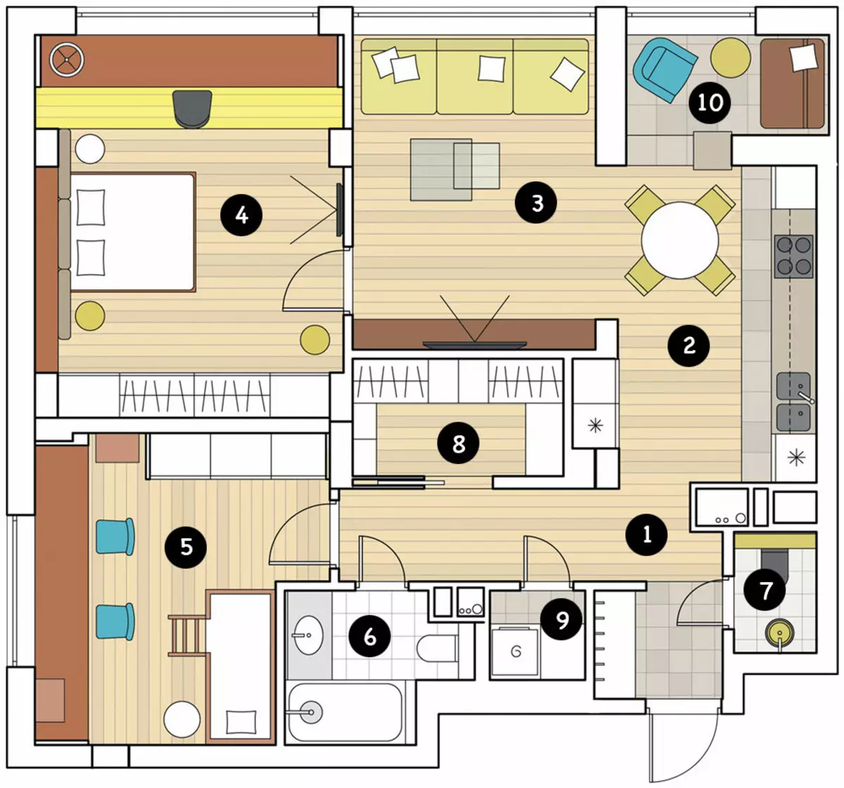 Cada geração na sala: apartamento de projeto para uma família de quatro