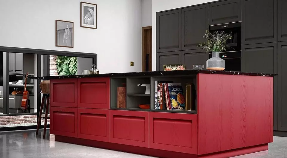 Interjers Brave: 70 fotogrāfijas melnās un sarkanās virtuvēs