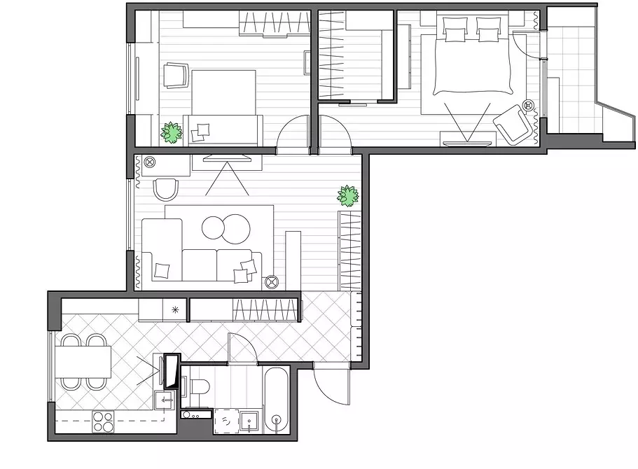 Apartment 3-keamer Planning: Funksjes en ideeën 2314_110
