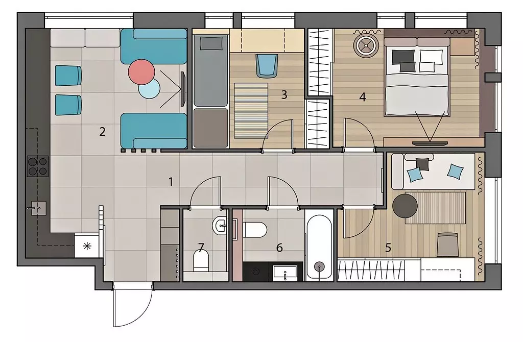 Perencanaan apartemen 3-kamar: Fitur sareng ideu 2314_132