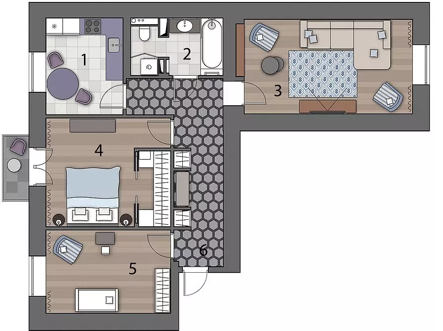 Apartment 3-keamer Planning: Funksjes en ideeën 2314_20