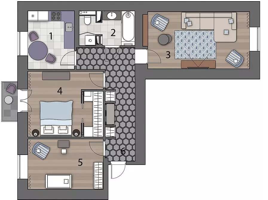 3-kamer woonstel beplanning: funksies en idees 2314_20