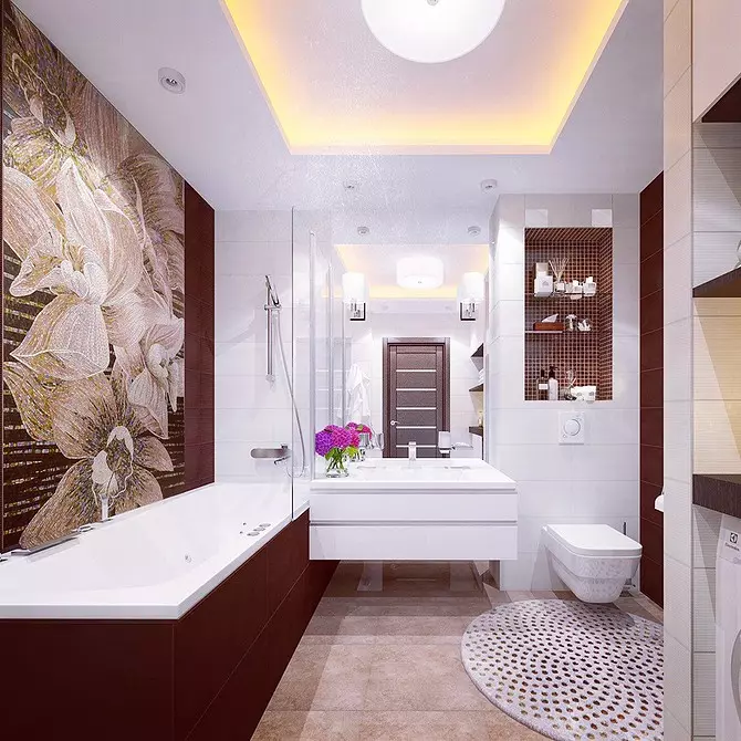 Reka bentuk yang selesa dari bilik mandi coklat: kombinasi warna dan penamat yang betul 2449_13