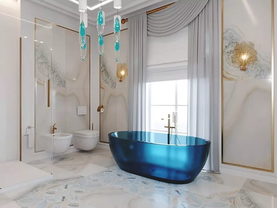 파란 욕실의 추세 디자인 : 적절한 마무리, 색상 및 조합 선택 2892_140
