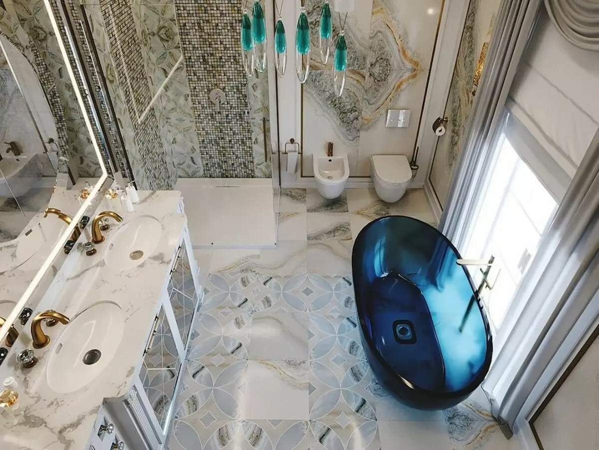 파란 욕실의 추세 디자인 : 적절한 마무리, 색상 및 조합 선택 2892_141