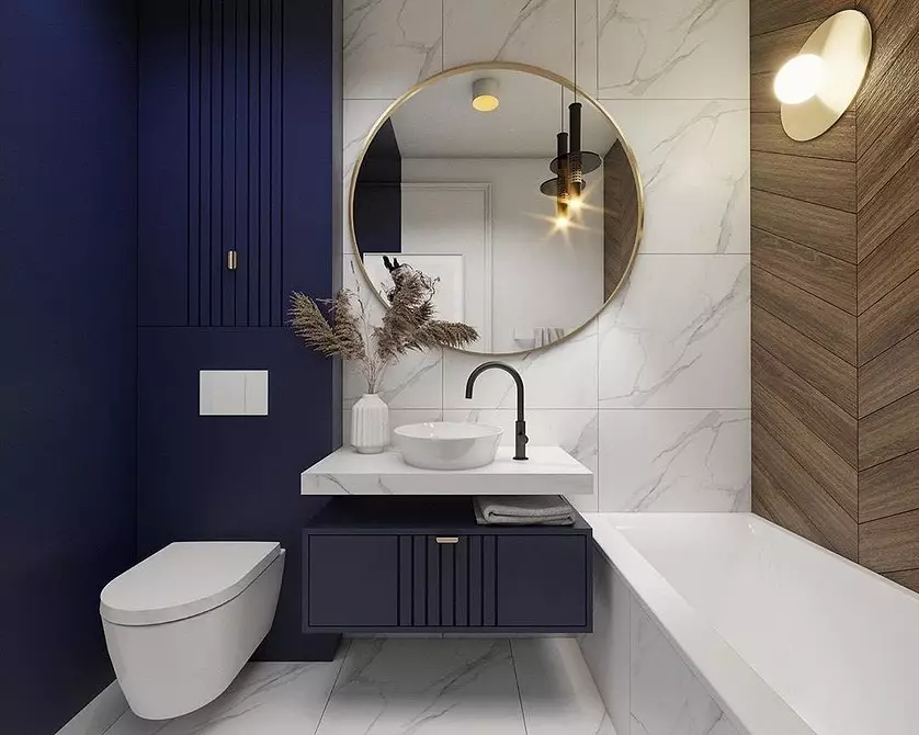 Trek desain kamar mandi biru: Rengse anu pas, pilihan warna sareng kombinasi 2892_20