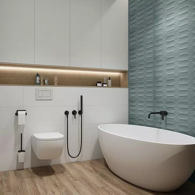 Цэнхэр угаалгын өрөөний загварлаг загвар: Бид сүүдэр, бүтэц, бүтэц, материалыг сонгодог 3036_102