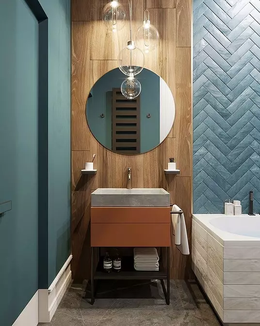 Fashionable na disenyo ng isang asul na banyo: Pumili kami ng mga kulay, mga texture at mga materyales 3036_21