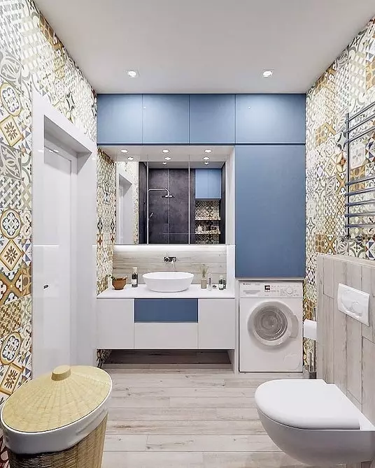 Modes dizains zilā vannas istabā: mēs izvēlamies toņus, faktūras un materiālus 3036_66