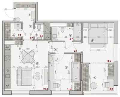 Chambre verte, bleu bleu et salle de bain de framboise: appartement à Moscou, dans lequel beaucoup de couleurs 3057_60