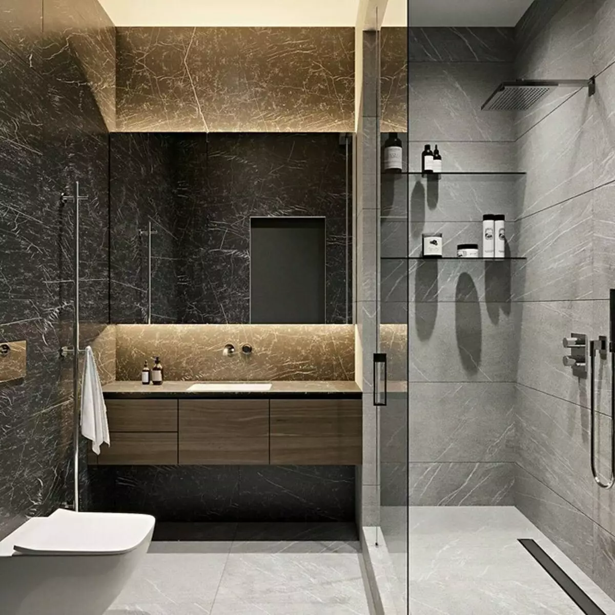 उबाऊ नहीं, और स्टाइलिश: एक ग्रे बाथरूम डिजाइन को सही तरीके से कैसे जारी करें 3159_120