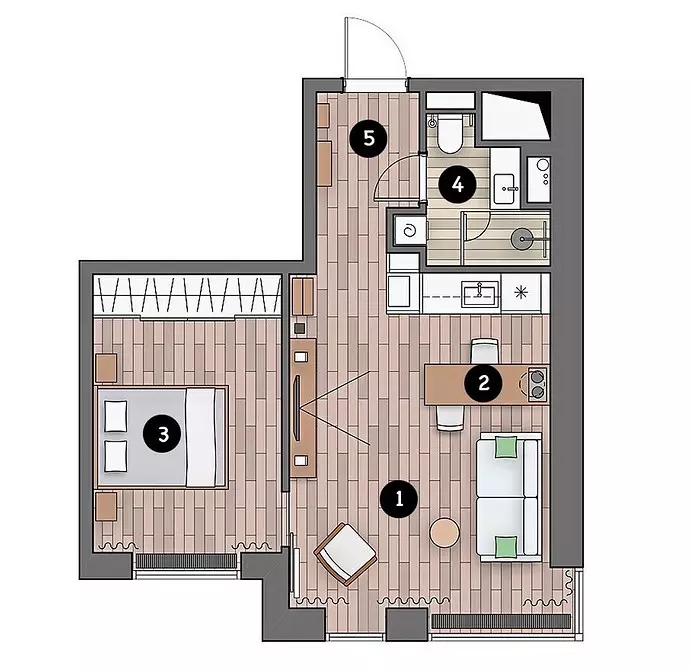 Hoe alles in de Odnushka tot 40 vierkante meter te passen. M: 6 echte voorbeelden met lay-outs 3177_23