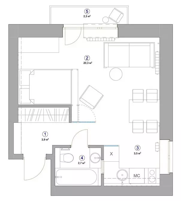 Hoe alles in de Odnushka tot 40 vierkante meter te passen. M: 6 echte voorbeelden met lay-outs 3177_75