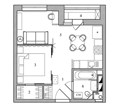 Solar and functional apartment with an area of ​​35.7 square meters. m with bedroom, living room and dressing room 3222_53