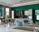 Dengan berani dan modis: Cara mengeluarkan ruang tamu dengan warna hijau 3228_82