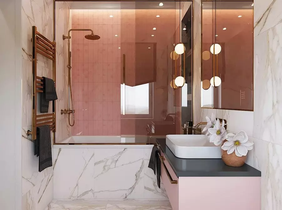 Nós decoramos o design do banheiro rosa para que o interior pareça apropriado e elegante 3297_10