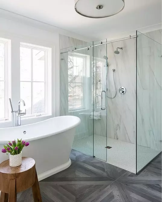 6 wenke vir die ontwerp van die badkamer in grys-wit kleur en 80 voorbeelde in die foto 3529_28