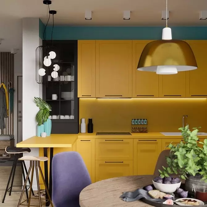 私たちは黄色のキッチンのインテリアを引き上げる：最高の色の組み合わせと84枚の写真 3585_86