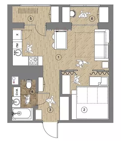 Od ODNUSHKI V DVUHSK: Apartma s površino 37 kvadratnih metrov. m za družino z majhnim otrokom 3756_36