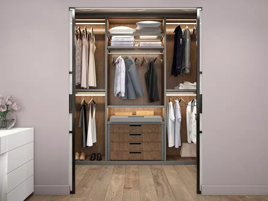 Сон на сите е гардероба во спалната соба: како да се организира правилно и да се приспособат дури и во мала големина 4427_62