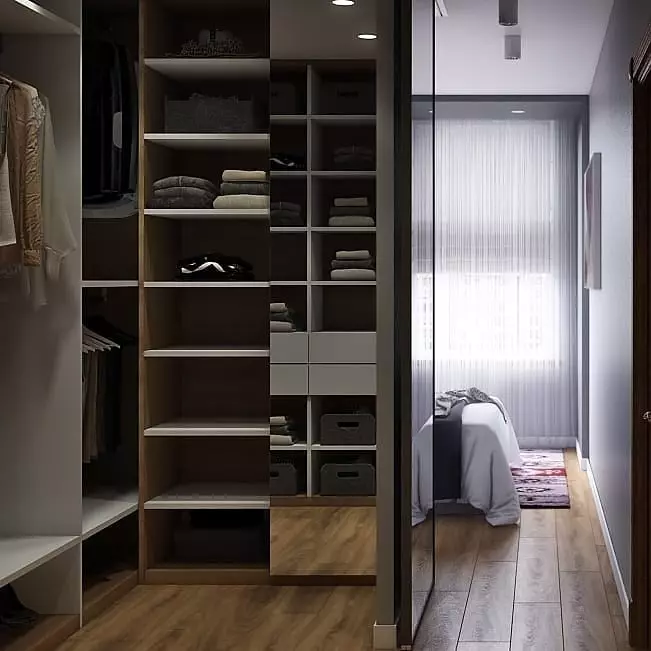 El sueño de todos es una sala de vestuario en el dormitorio: cómo organizar correctamente y acomodar incluso en un tamaño pequeño. 4427_77