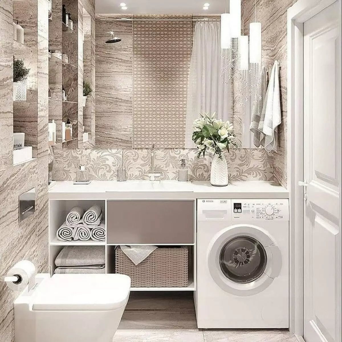 Desain kamar mandi sareng mesin cuci: kami ngalaksanakeun téknik sareng ngadamel rohangan fungsi 4843_53