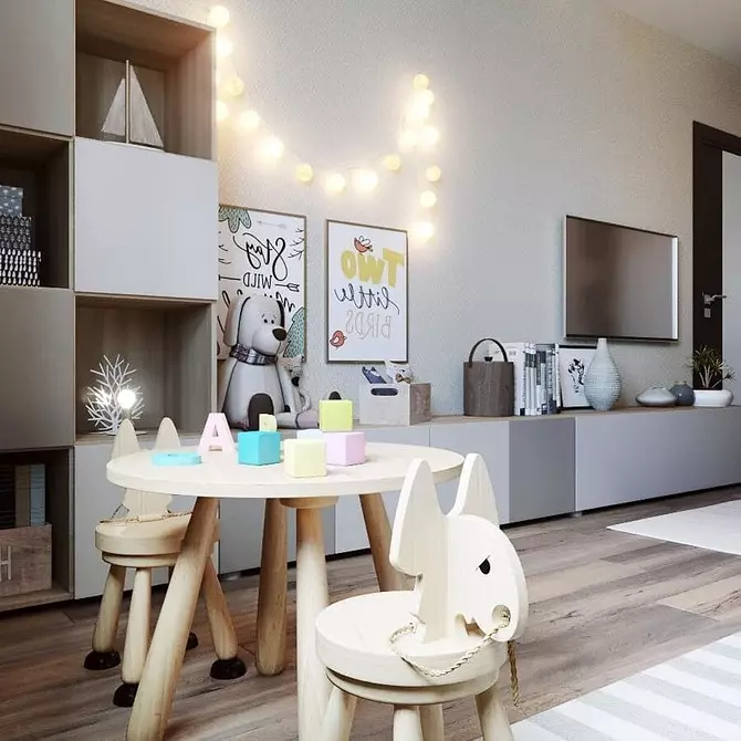 One-Room apartment para sa isang pamilya na may isang bata: 4 prinsipyo ng espasyo organisasyon at 55 mga larawan 5447_75