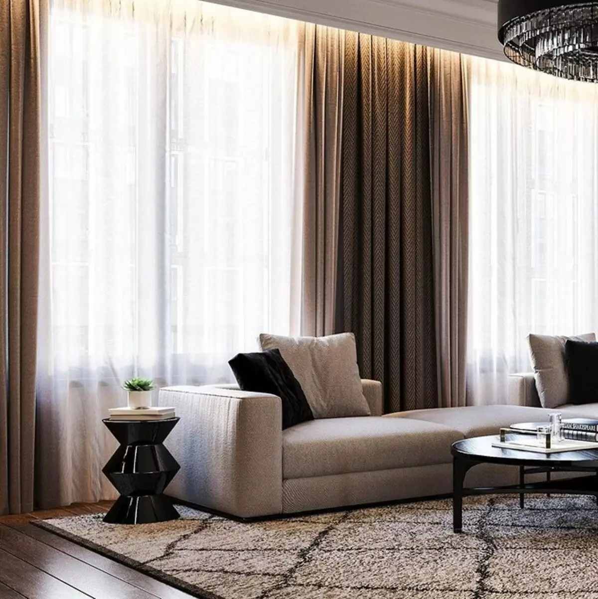 Fashionable curtains sa living room sa modernong estilo (52 mga larawan) 6680_43