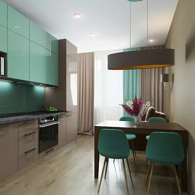 چگونه برای ایجاد یک طراحی آشپزخانه روشن از رنگ فیروزه ای و جلوگیری از خطاها؟ 8228_119
