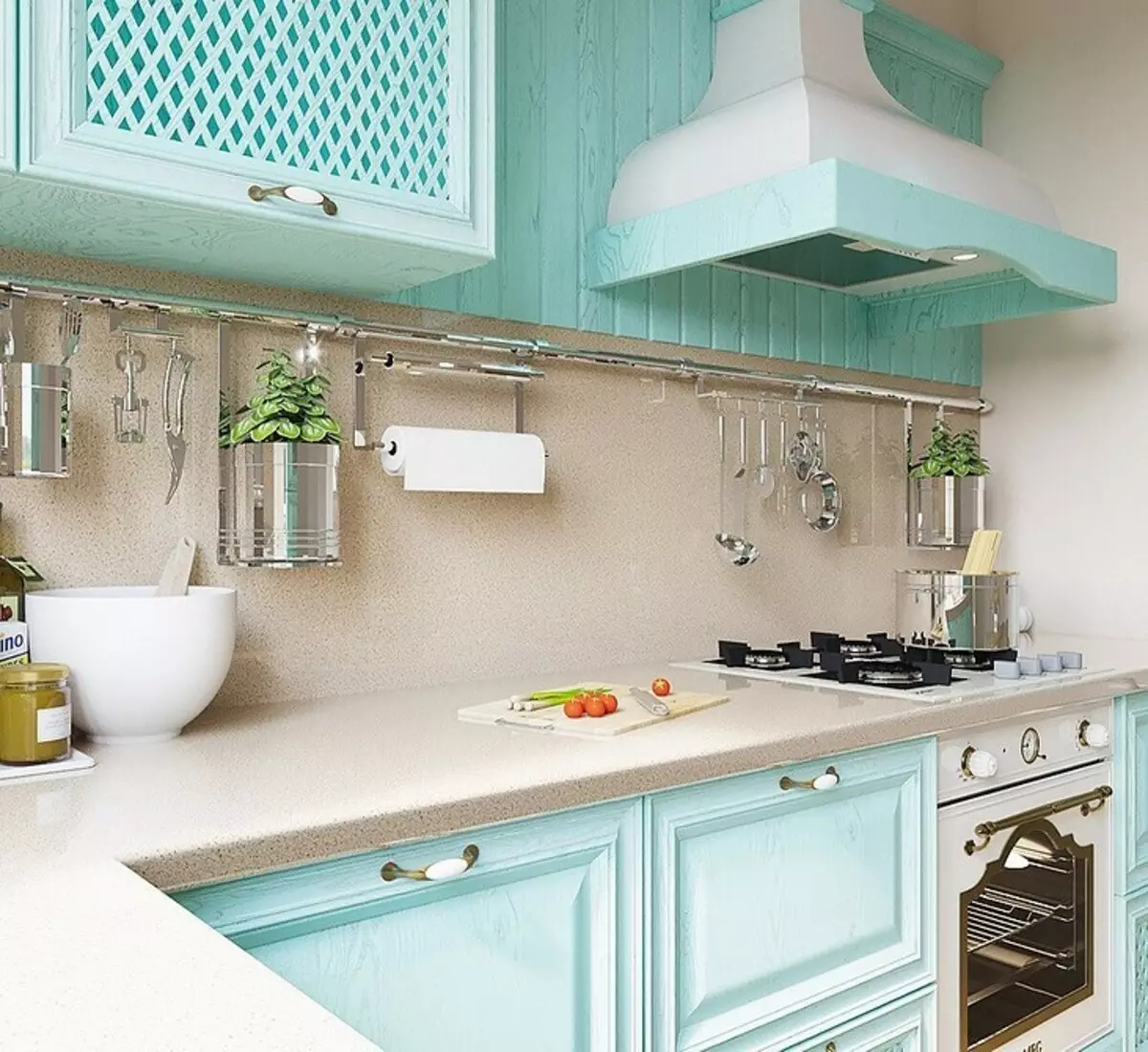 Kuinka luoda kirkkaan keittiön muotoilu turkoosi väri ja estää virheitä? 8228_139