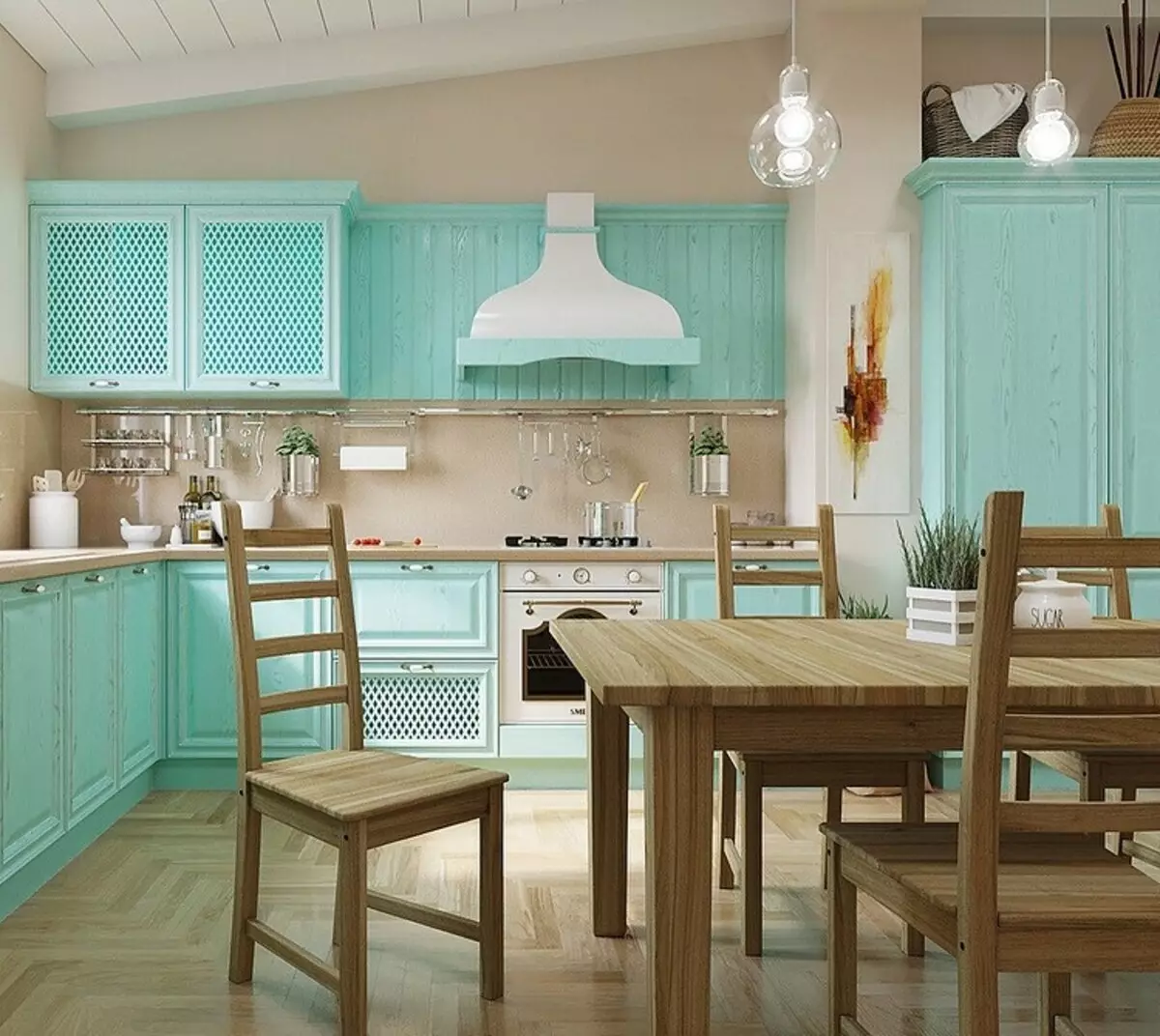چگونه برای ایجاد یک طراحی آشپزخانه روشن از رنگ فیروزه ای و جلوگیری از خطاها؟ 8228_14