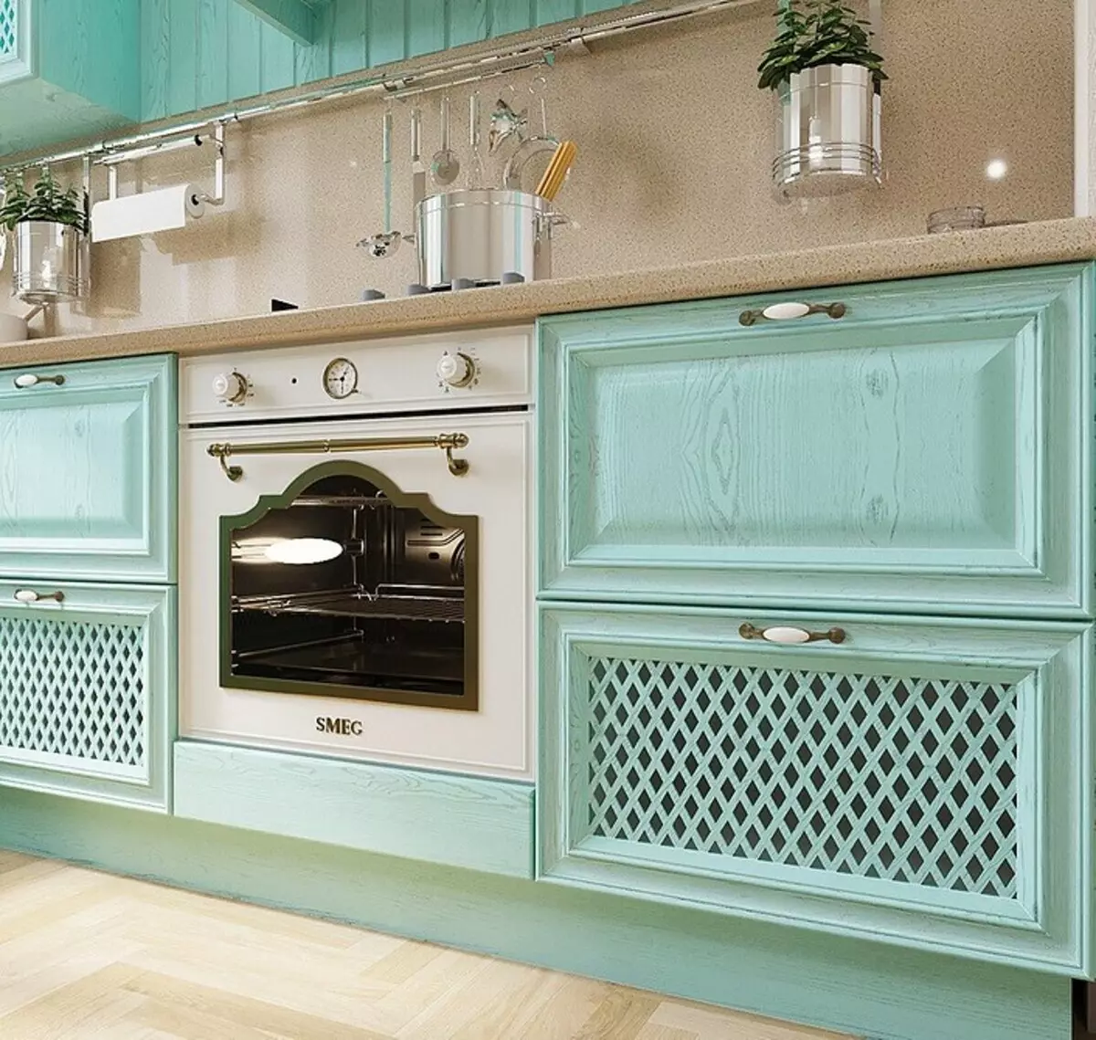 چگونه برای ایجاد یک طراحی آشپزخانه روشن از رنگ فیروزه ای و جلوگیری از خطاها؟ 8228_140