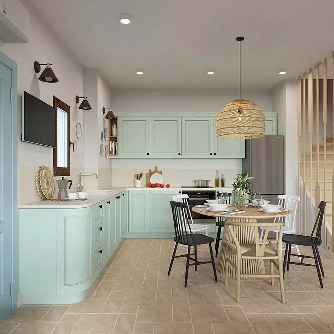 چگونه برای ایجاد یک طراحی آشپزخانه روشن از رنگ فیروزه ای و جلوگیری از خطاها؟ 8228_157